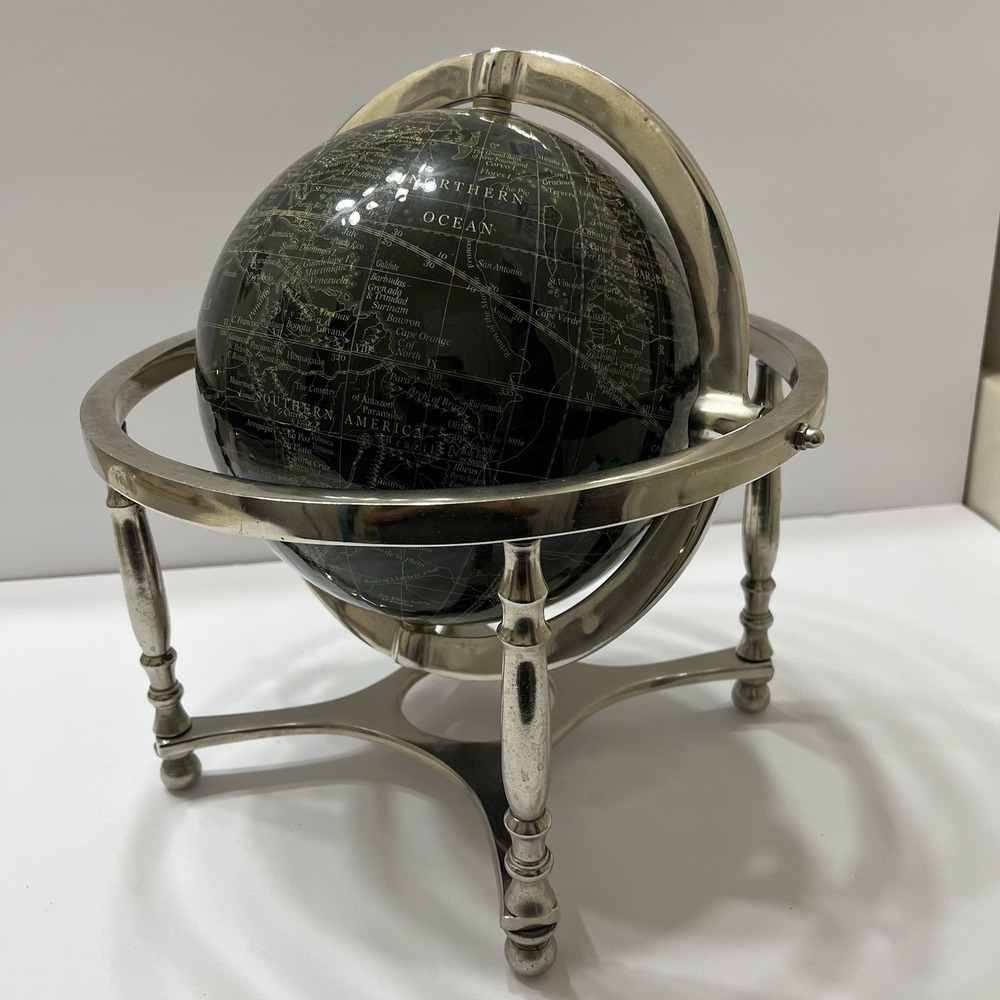 Unique Art Table Top Globe Black Onyx Gemstone Ocean Silver Tone Metal Stand 12"